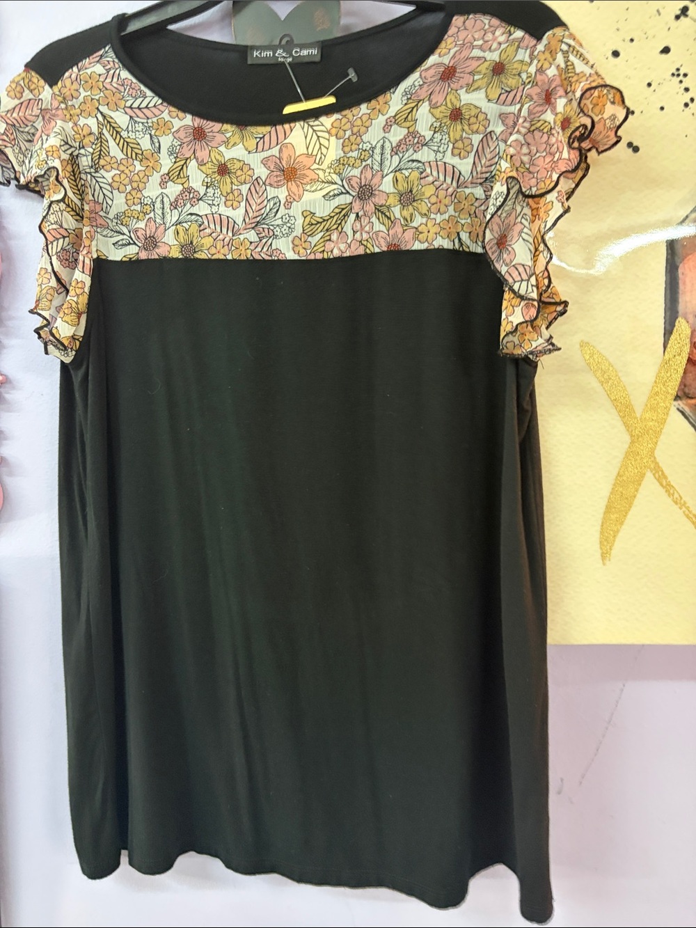 Kim & Cami Black Tunic with Floral Yoke and Ruffle Sleeves